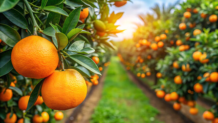 oranges on a branch with green leaves on tree. orange tree branches with ripe juicy fruits. natural fruit background outdoors. generative ai