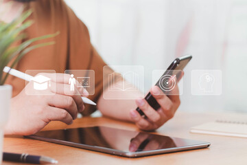 E-learning education concept, internet lessons and online webinar. Person who attends online lessons on a digital screen. Education internet Technology.learning online with webinar, video tutorial.