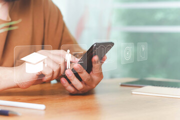 E-learning education concept, internet lessons and online webinar. Person who attends online lessons on a digital screen. Education internet Technology.learning online with webinar, video tutorial.