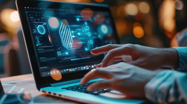 Man interacting with AI image creation software on a laptop, futuristic UI with visual prompts, showcasing images generated by artificial intelligence