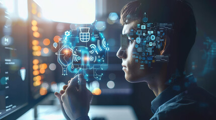 Man using a virtual interface to ask questions to an intelligent artificial intelligence, Chatbot, ChatGPT, smart assistant