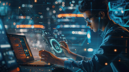 Man working with AI software on a laptop to generate images, featuring a futuristic user interface, visual prompts, and AI-created images