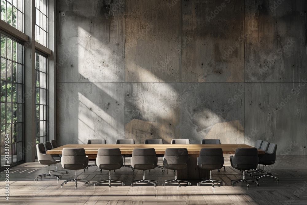 Poster a conference table in a large room with large windows, suitable for business or meeting space