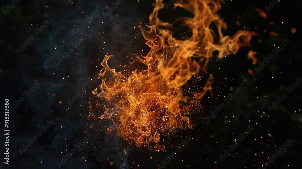 Poster a close-up shot of a fire on a dark background, ideal for use in dramatic or intense scenes