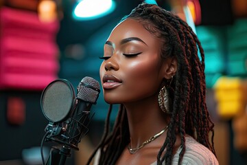 A woman with dreadlocks sings into a microphone. This photo is great for projects related to music, performance, or artistry.