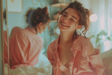A woman sits on a bed in front of a mirror, possibly getting ready or admiring herself