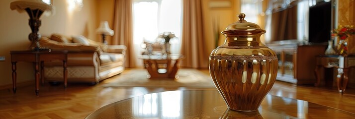 clean golden urn, living room background