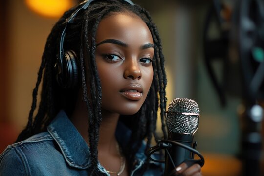 A woman with dreadlocks holds a microphone. The photo is ideal for projects related to music, podcasting, or audio recording. - Powered by Adobe