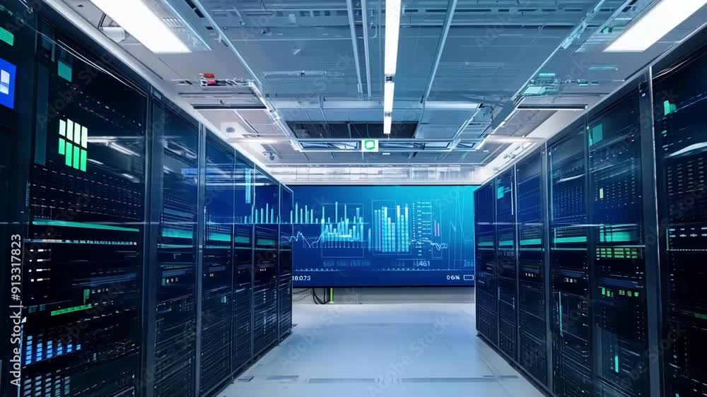 Poster discover the advanced technologies and organized layout inside a cutting-edge data center featuring 