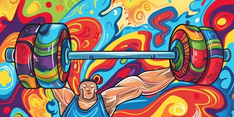Obraz premium Colorful Weightlifting Cartoon Art, Vibrant Fitness Illustration with Barbell