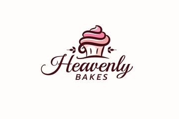 Heavenly Bakes logo with a combination of a cute cupcake and beautiful lettering for bakery, cakery, cafe, etc.