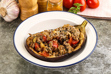 Baked eggplant stuffed meat and tomato
