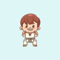 Cute little man training Karate martial art chibi kawaii character mascot sport Icon sticker
