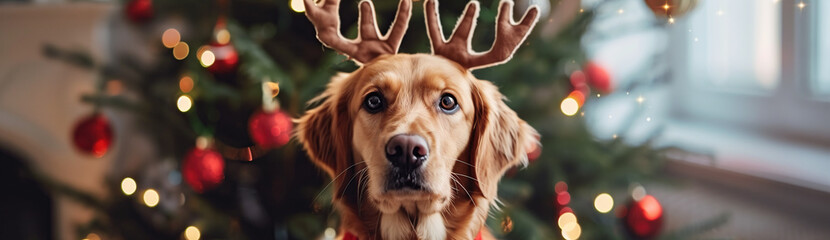 a cute dog wearing reindeer antlers in front of Christmas tree