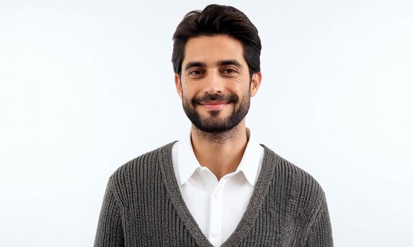 medium shot portrait of a Israeli man in his 40s wearing a chic cardigan against a white background