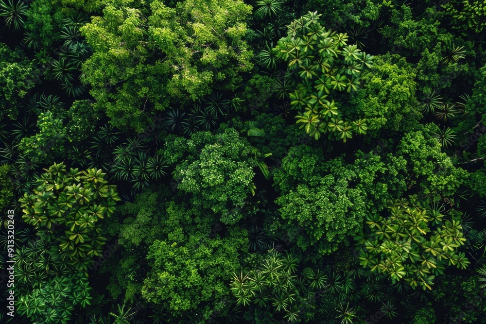 Poster aerial photo of a dense and vibrant forest from above, with trees and foliage visible