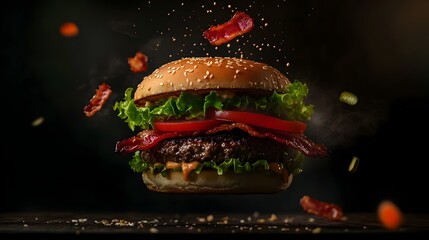 Levitating Gourmet Burger with Chargrilled Patty,Crisp Bacon and Flavorful Toppings