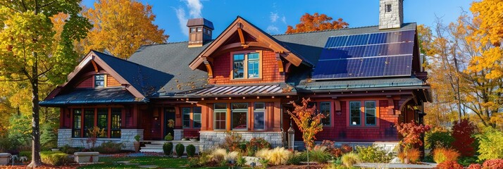 Fototapeta premium craftsman-style house in the autumn with solar panels on roof 