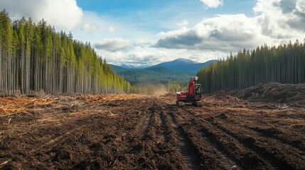 Logging equipment is actively clearing land in a dense forest surrounded by mountains under a blue sky.