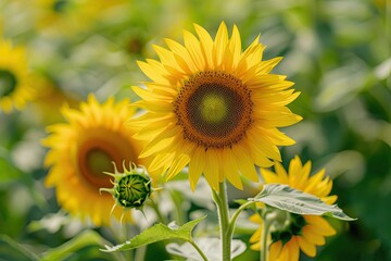 Fototapeta premium Radiant sunflowers abloom in a lush field under a bright summer sky