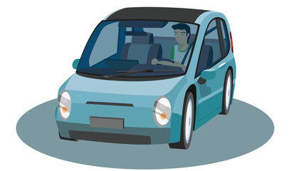 Vector or Illustrator of isometric view of blue car. Glass transparent can view inside car. Driving man alone go to travel. On isolated white background for textured.
