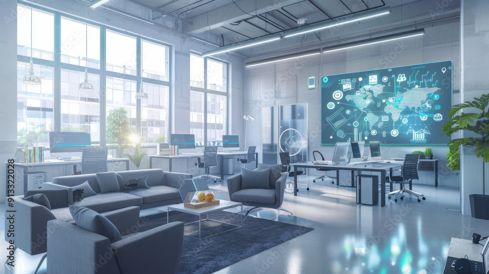 Poster office space with a focus on iot devices for smart automation.