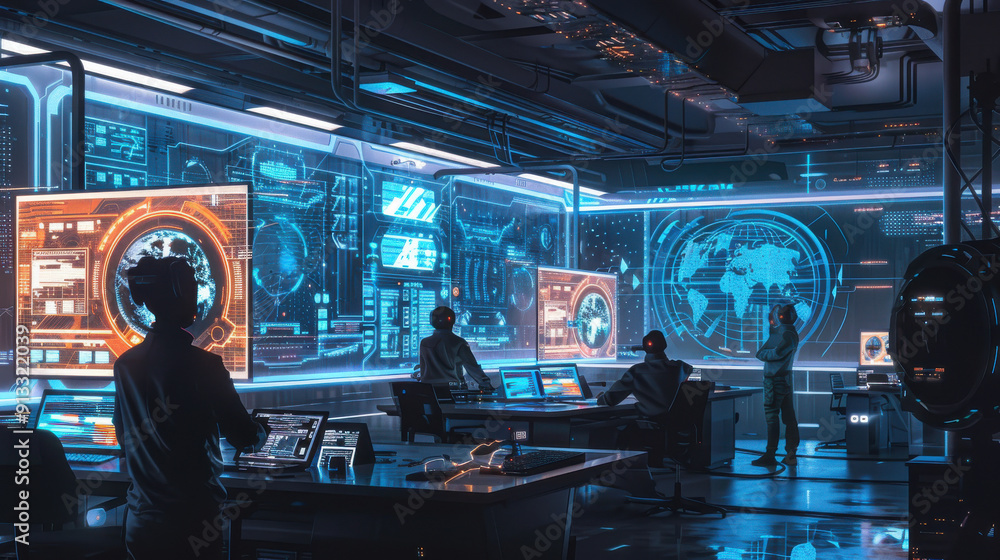 Poster office environment with employees working on futuristic devices.