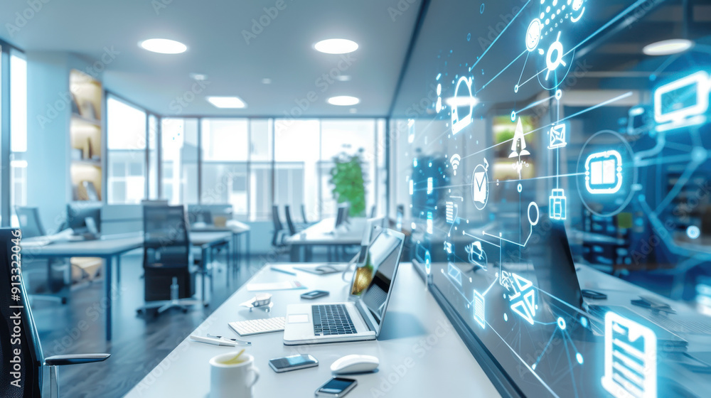 Poster office space with a focus on iot devices for smart automation.