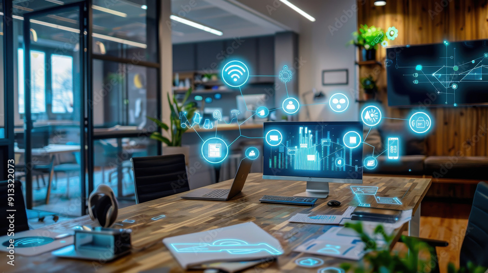 Poster office space with a focus on iot devices for smart automation.