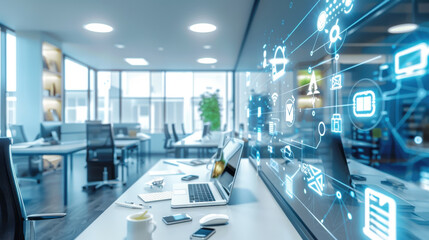 Fototapeta premium Office space with a focus on IoT devices for smart automation.