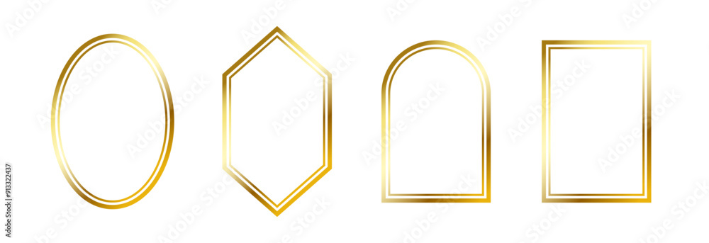 Poster Thin golden frame set. Gold geometric border collection in art deco style. Thin linear shining shape bundle. Brass glowing shiny boarder element pack for photo, cadre, poster, card. Vector