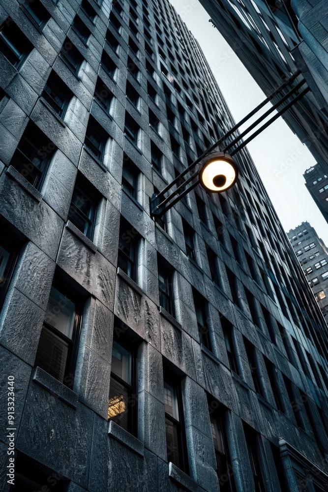Poster Cityscape image with a street light illuminating the path in front of a tall building