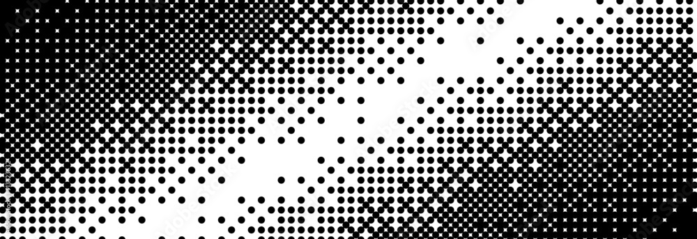 Poster Diagonal bitmap gradient texture. Black and white slanted dithered background. Abstract pixel glitchy pattern. 8 bit video game screen wallpaper. Fading pixel backdrop. Vector retro oblique halftone