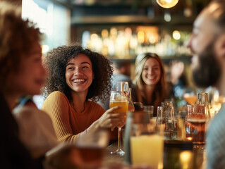 Multiracial group of friends having drinks, wine and cocktails, Happy different young people having fun in restaurant cafe bar. Youth lifestyle concept with guys and girls enjoying day out together
