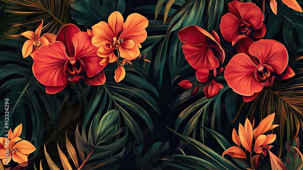 Poster dark green leaves with red orchids. perfect for use as a background or for designs that need a tropi