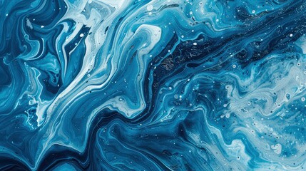 Obraz premium Abstract blue and silver marbling with swirling patterns and tiny silver glitter.