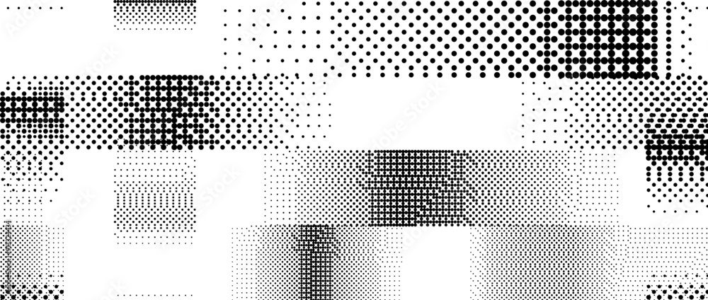 Poster Bitmap pixelated striped pattern. Glitched halftone grunge texture. Rasterized noise stripe overlay. Dotted gradient wallpaper for banner, poster, flyer, print, brochure. Vector dither background