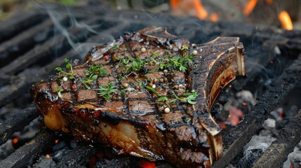 Fototapeta premium Grilling Tasty Steak With Herbs Over Flames Outdoors