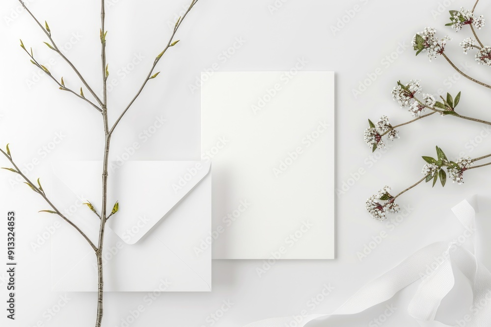 Poster A simple design featuring a white card with a white envelope placed next to a branch of a tree