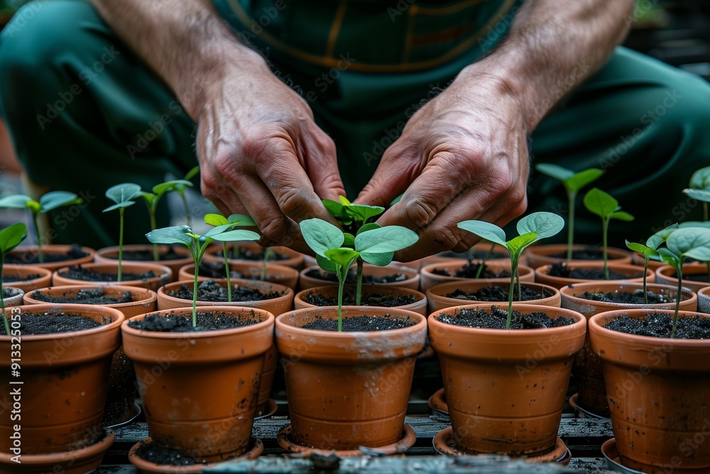 Wall mural Hands Tending to Young Seedlings in Terracotta Pots During Late Afternoon Light in a Garden