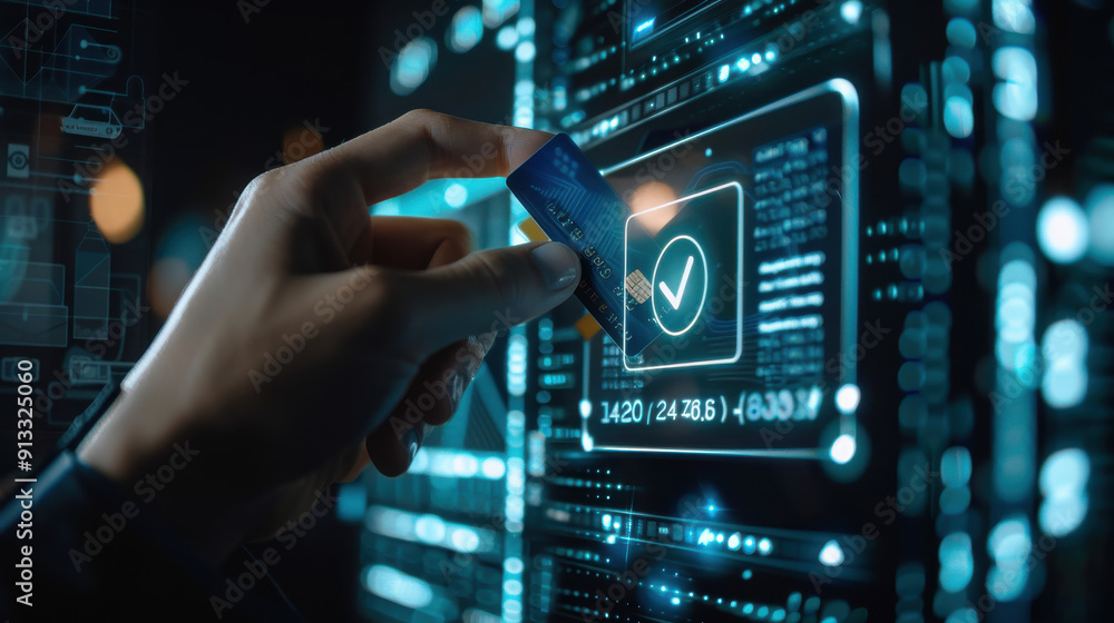 Poster person ensuring a secure online payment with a credit card via a digital interface, verification tic