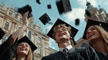 students throwing graduation hats in the air celebrating, education graduation concept with students celebrate success with hats and certificates. throwing mortar caps. celebrating a college diploma