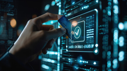 Fototapeta premium Person ensuring a secure online payment with a credit card via a digital interface, verification tick symbol, fintech, internet banking