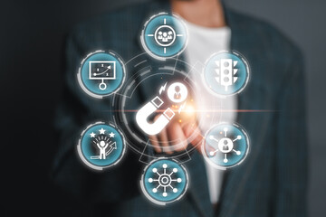 Businessman interacting with digital marketing icons representing lead generation strategies, highlighting modern business solutions and technology.