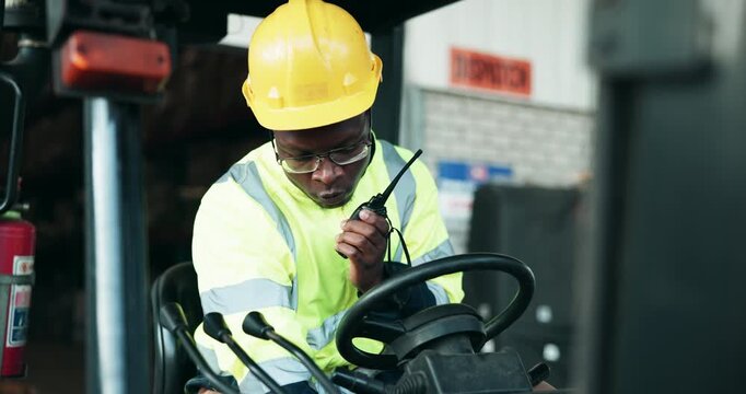 Radio, man and logistics worker with forklift for transportation of packages for shipping. Communication intercom, industry and African male supply chain distributor driving vehicle for cargo.