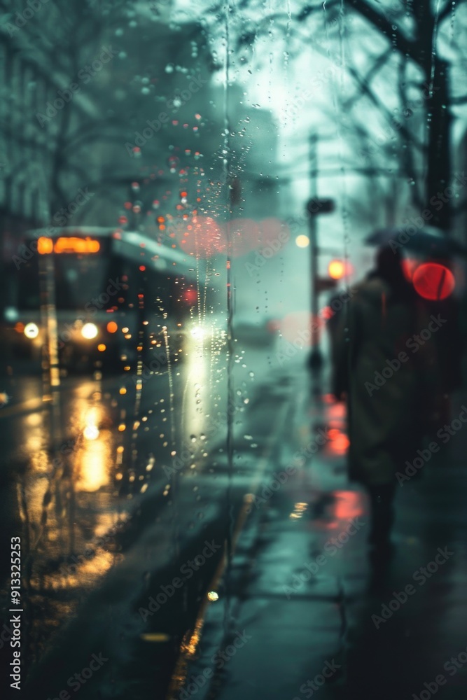 Poster a blurred image of someone walking through the rain, great for use as a background or texture