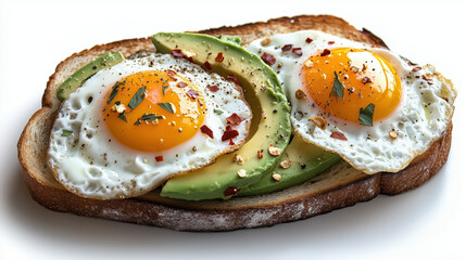 Avocado Toast with fried Eggs. Close-up of avocado and egg toast with herbs, chilli flakes and seasonings, on white background