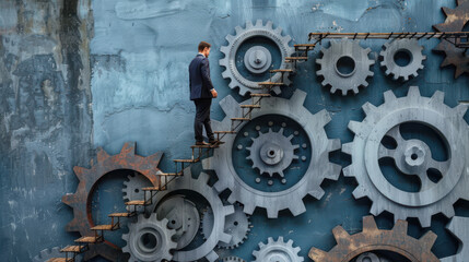 Planning and progress: Businessman on stairs atop cogwheel gears system, showcasing best practices development, strategy to success, and implementation process.