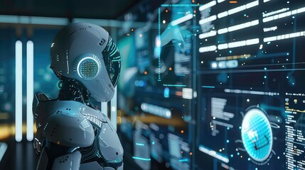 Fototapeta premium A futuristic robot with a white helmet and sleek body stands in front of a screen displaying data.