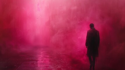 A Solitary Figure Walking Through Vibrant Pink Smoke on a Damp Street at Twilight